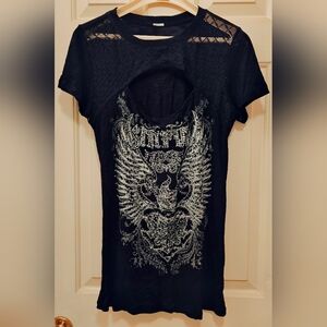 Sinful by Affliction T-shirt Cut-Out Neckline, Lace Shoulder, Silver Rhinestones